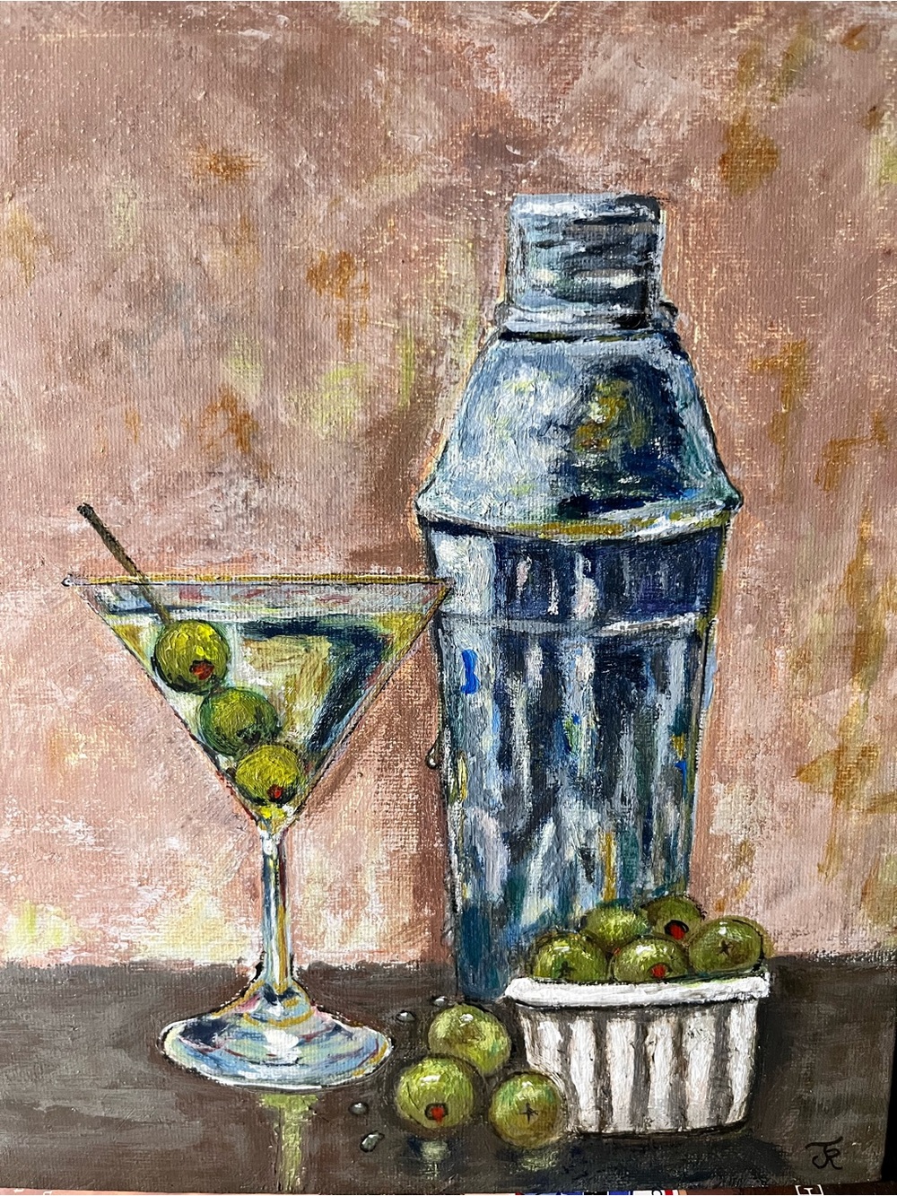 Original acrylic still life of triple olive martini